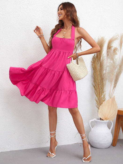 Halter Neck Tiered Knee-Length Dress